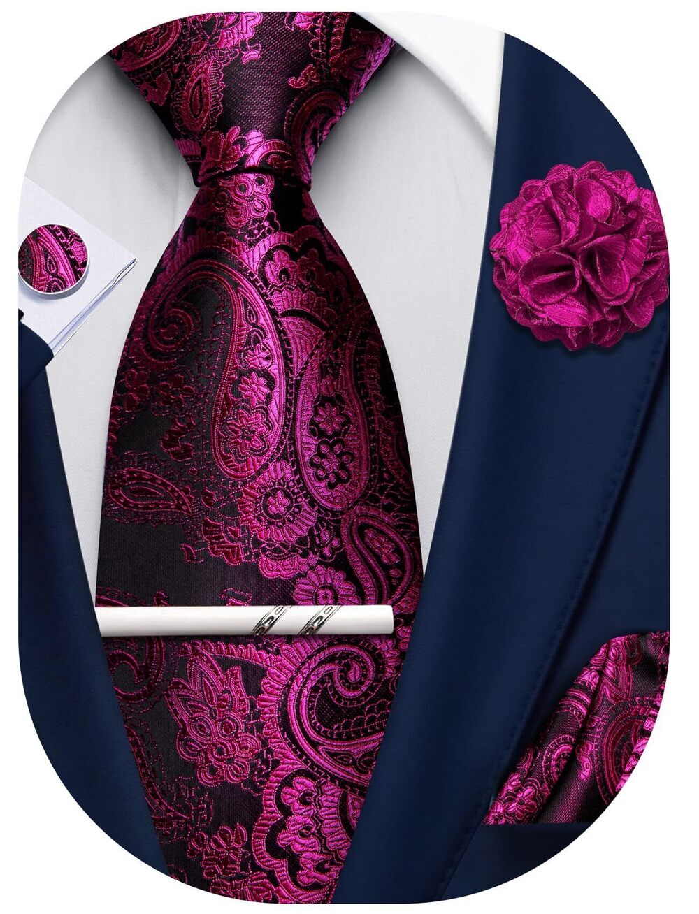 6899 Black Hot Pink Paisley Ties Silk Woven Necktie Pocket Square Cufflinks